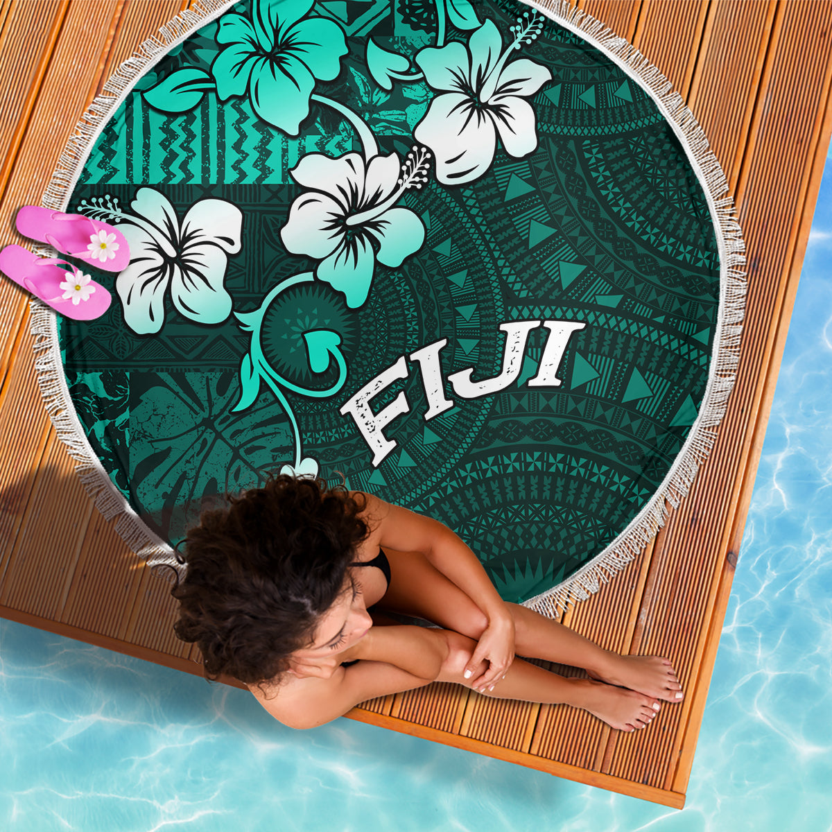 Fiji Masi Beach Blanket Fijian Hibiscus Tapa Turquoise Version LT01 - Polynesian Pride