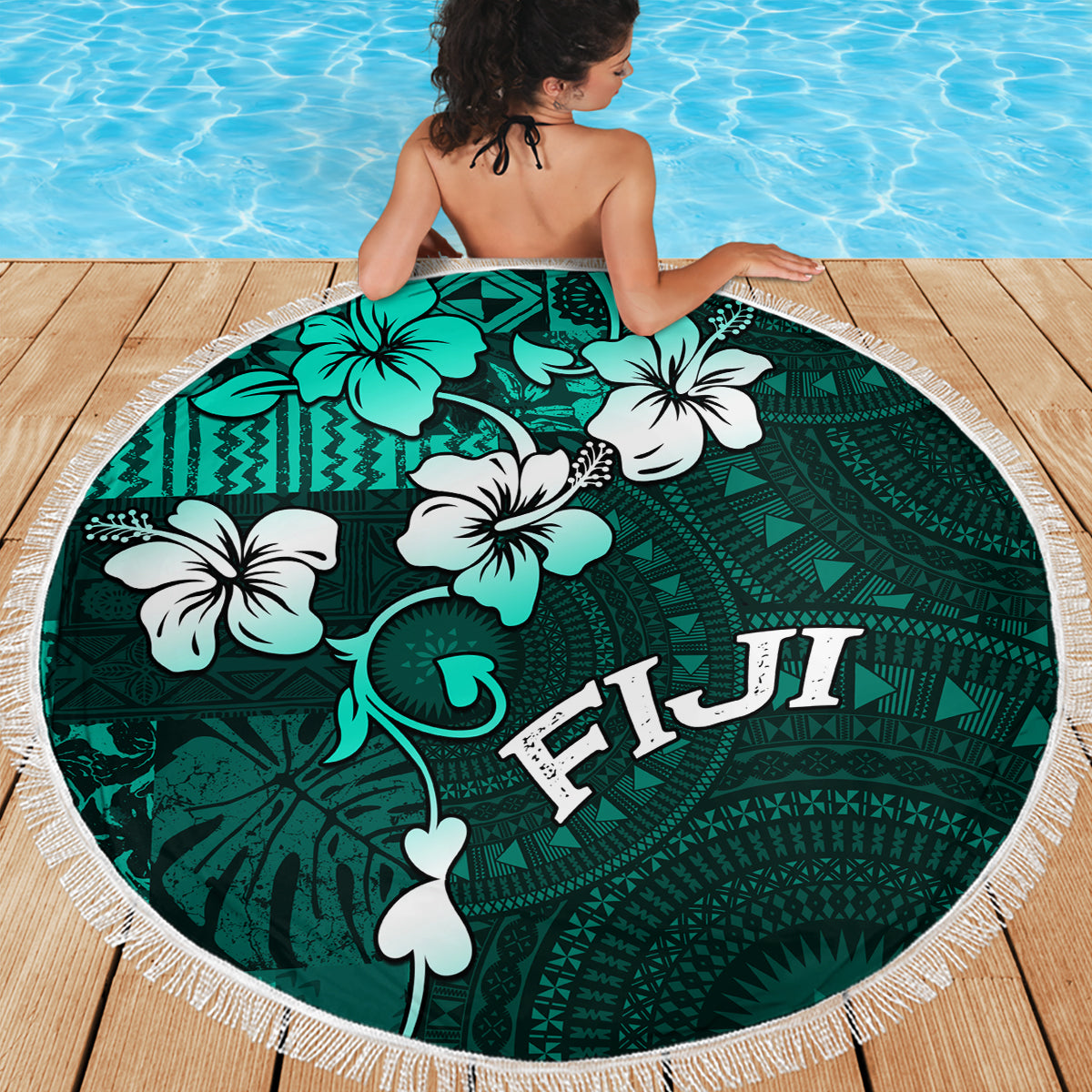 Fiji Masi Beach Blanket Fijian Hibiscus Tapa Turquoise Version LT01 - Polynesian Pride