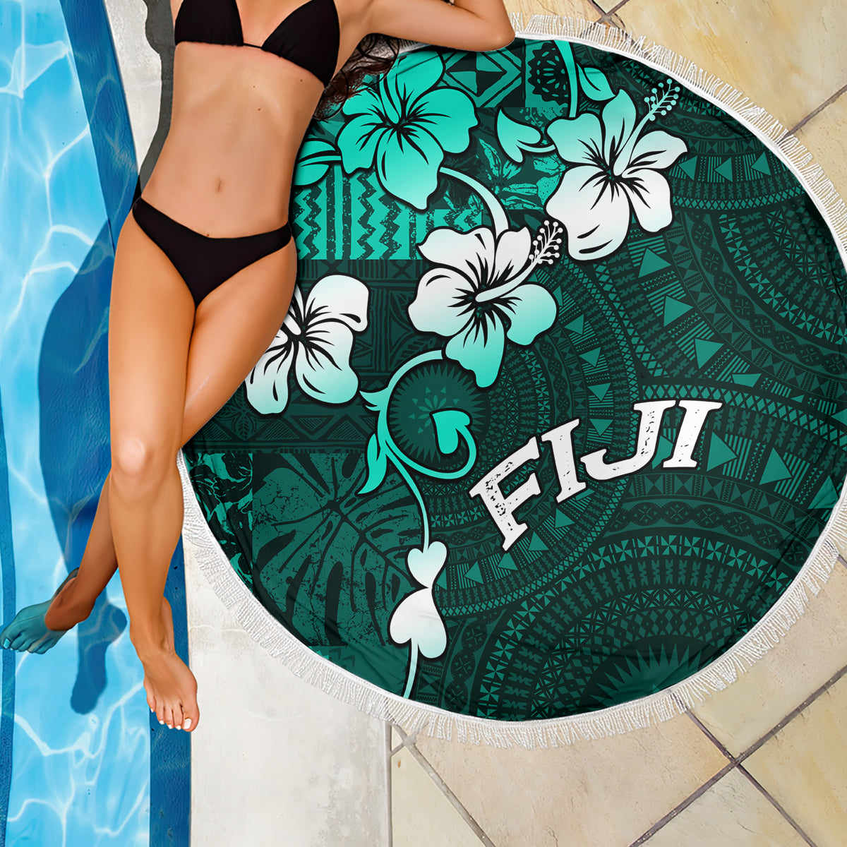 Fiji Masi Beach Blanket Fijian Hibiscus Tapa Turquoise Version LT01 - Polynesian Pride