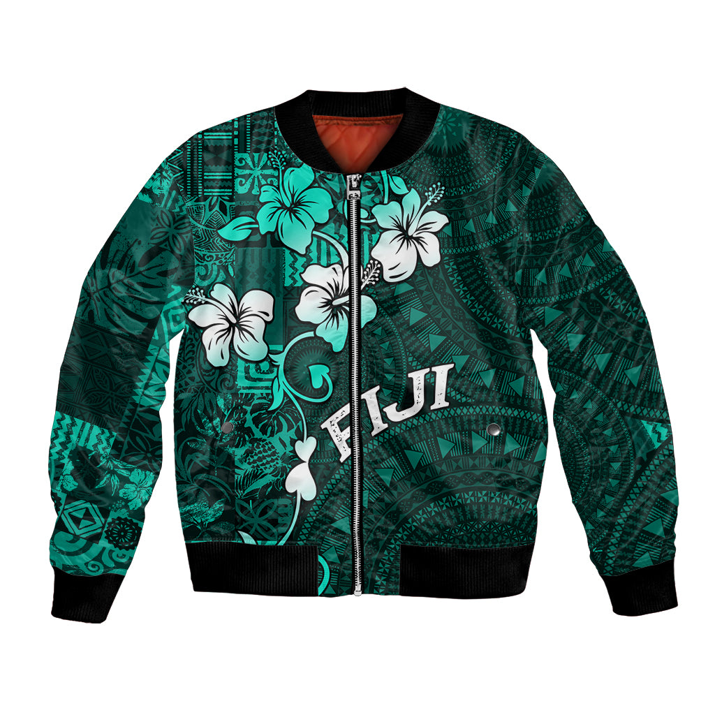 Fiji Masi Bomber Jacket Fijian Hibiscus Tapa Turquoise Version LT01 Unisex Turquoise - Polynesian Pride