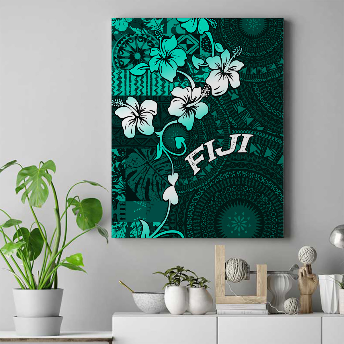 Fiji Masi Canvas Wall Art Fijian Hibiscus Tapa Turquoise Version LT01 Turquoise - Polynesian Pride