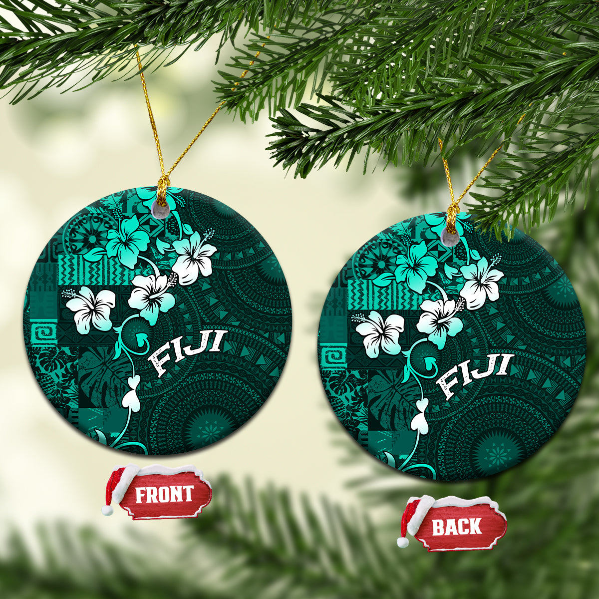 Fiji Masi Ceramic Ornament Fijian Hibiscus Tapa Turquoise Version LT01 Circle Turquoise - Polynesian Pride