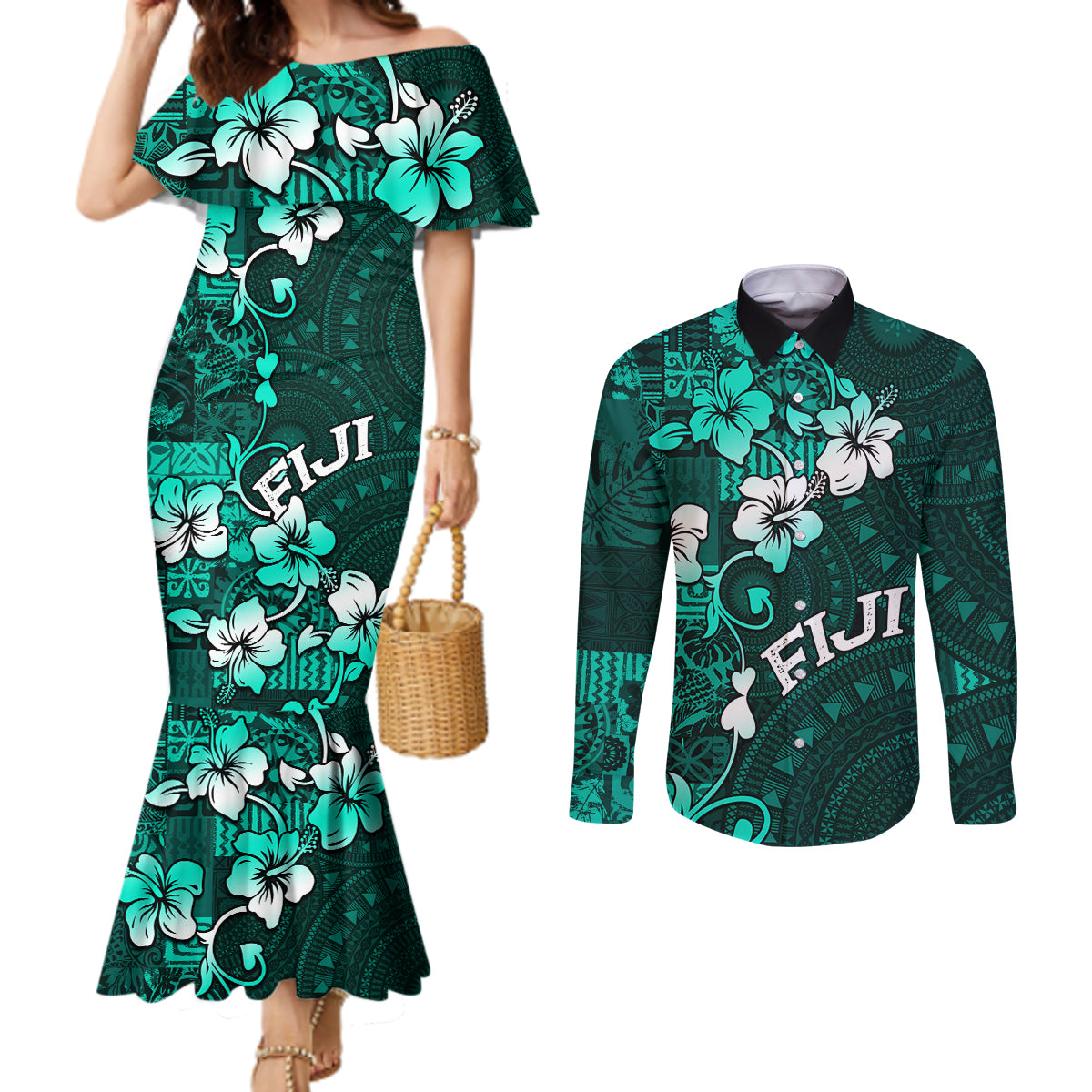 Fiji Masi Couples Matching Mermaid Dress and Long Sleeve Button Shirt Fijian Hibiscus Tapa Turquoise Version LT01 Turquoise - Polynesian Pride