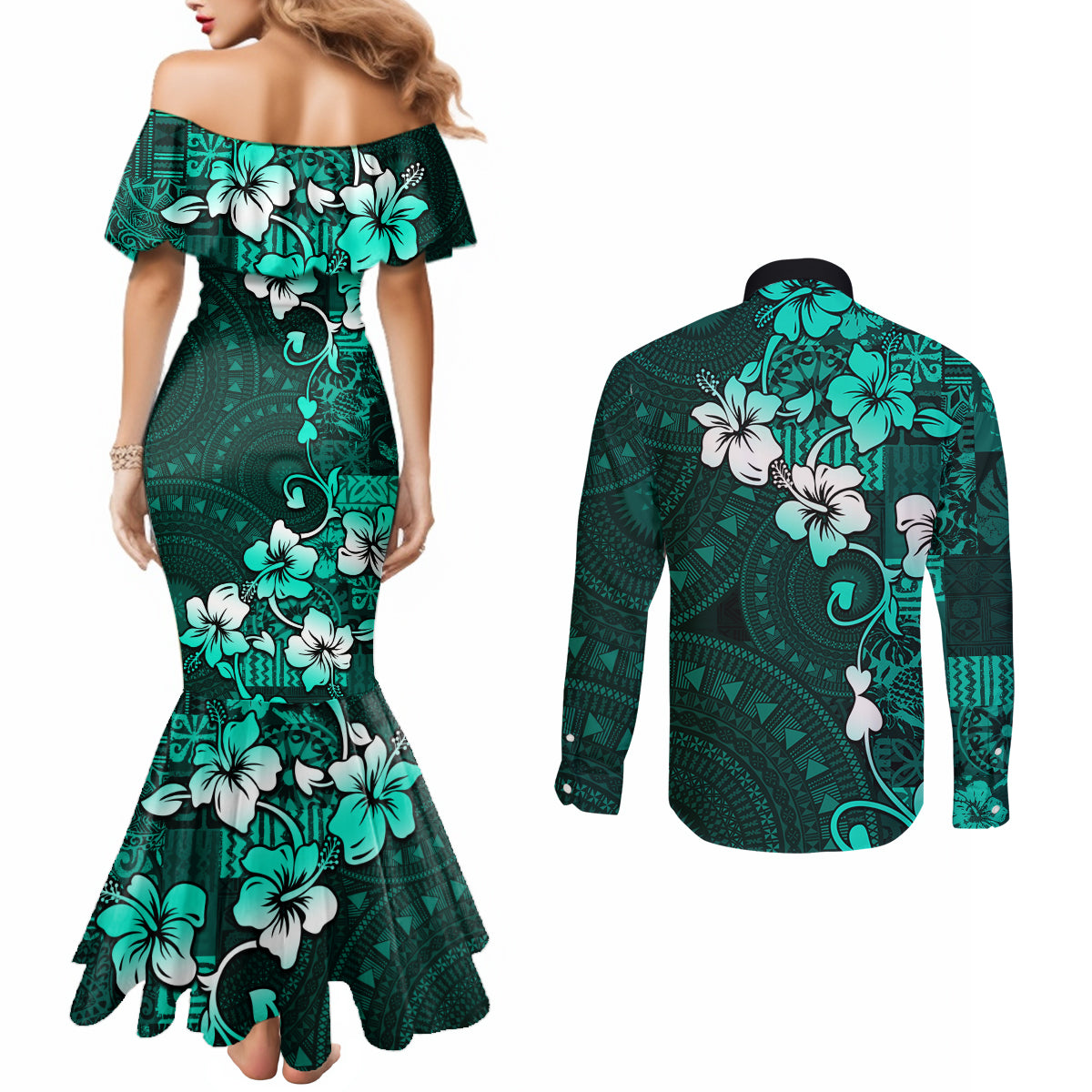 Fiji Masi Couples Matching Mermaid Dress and Long Sleeve Button Shirt Fijian Hibiscus Tapa Turquoise Version LT01 - Polynesian Pride
