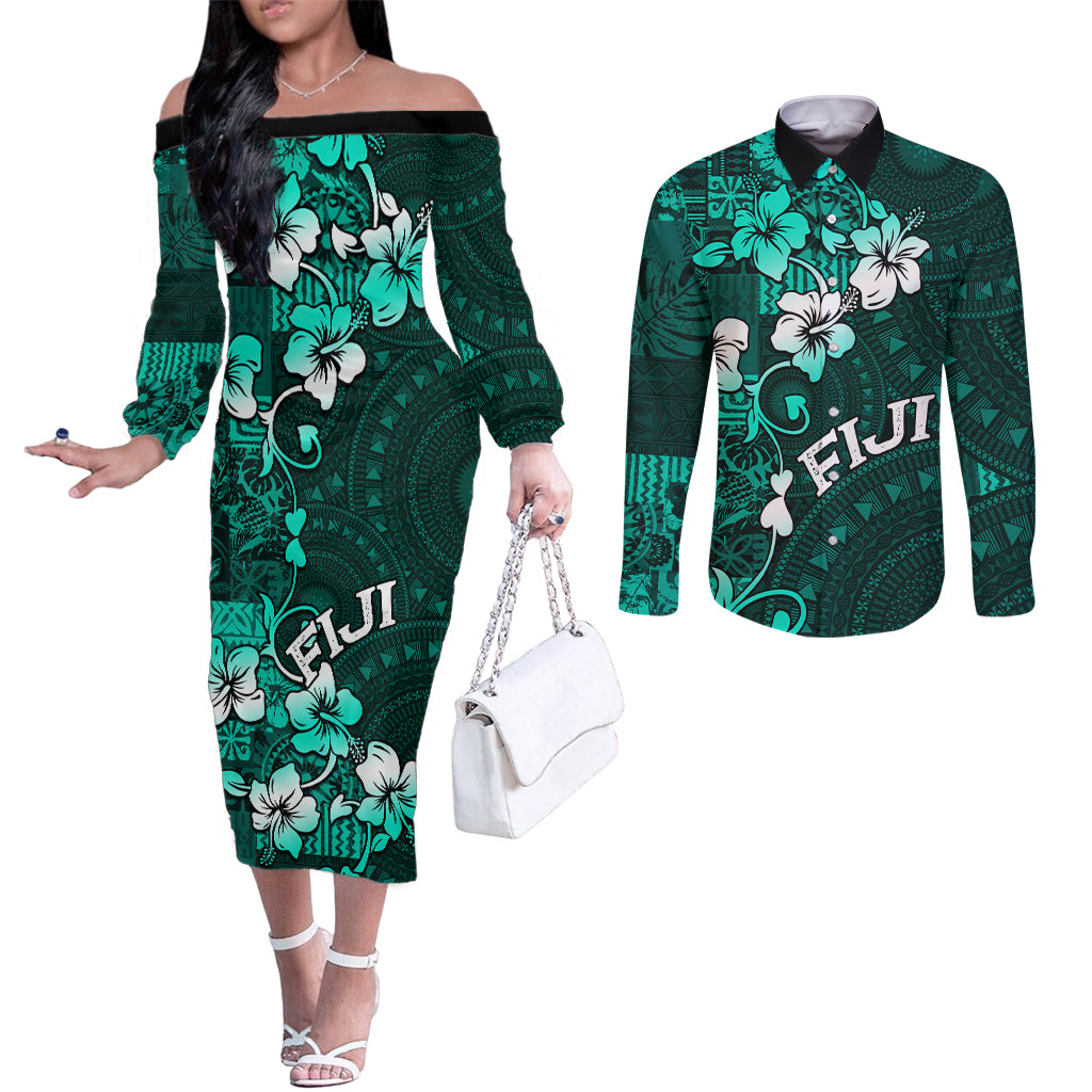 Fiji Masi Couples Matching Off The Shoulder Long Sleeve Dress and Long Sleeve Button Shirt Fijian Hibiscus Tapa Turquoise Version LT01 Turquoise - Polynesian Pride