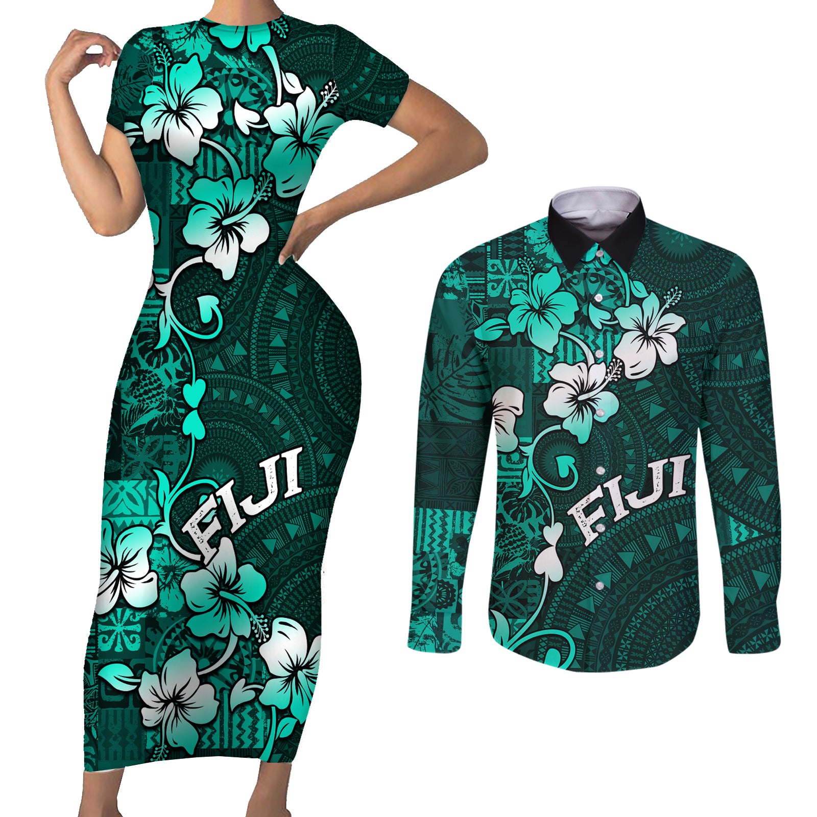 Fiji Masi Couples Matching Short Sleeve Bodycon Dress and Long Sleeve Button Shirt Fijian Hibiscus Tapa Turquoise Version LT01 Turquoise - Polynesian Pride