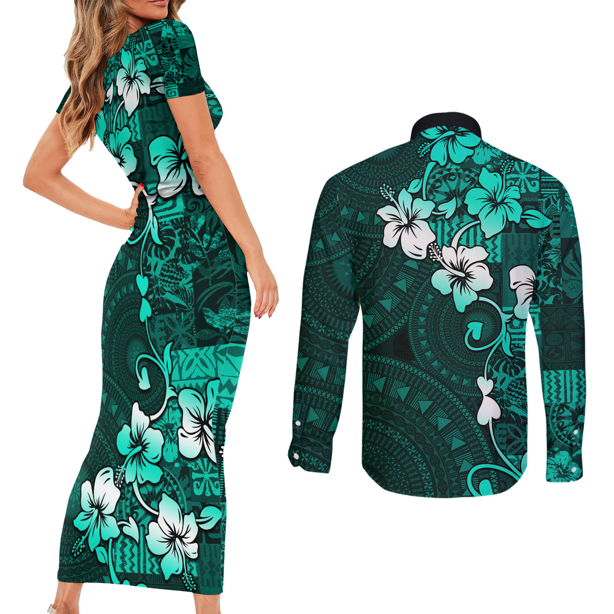 Fiji Masi Couples Matching Short Sleeve Bodycon Dress and Long Sleeve Button Shirt Fijian Hibiscus Tapa Turquoise Version LT01 - Polynesian Pride