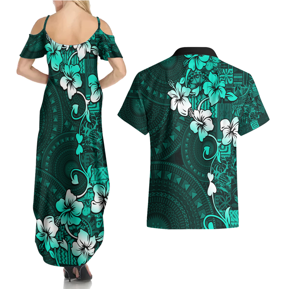 Fiji Masi Couples Matching Summer Maxi Dress and Hawaiian Shirt Fijian Hibiscus Tapa Turquoise Version LT01 - Polynesian Pride