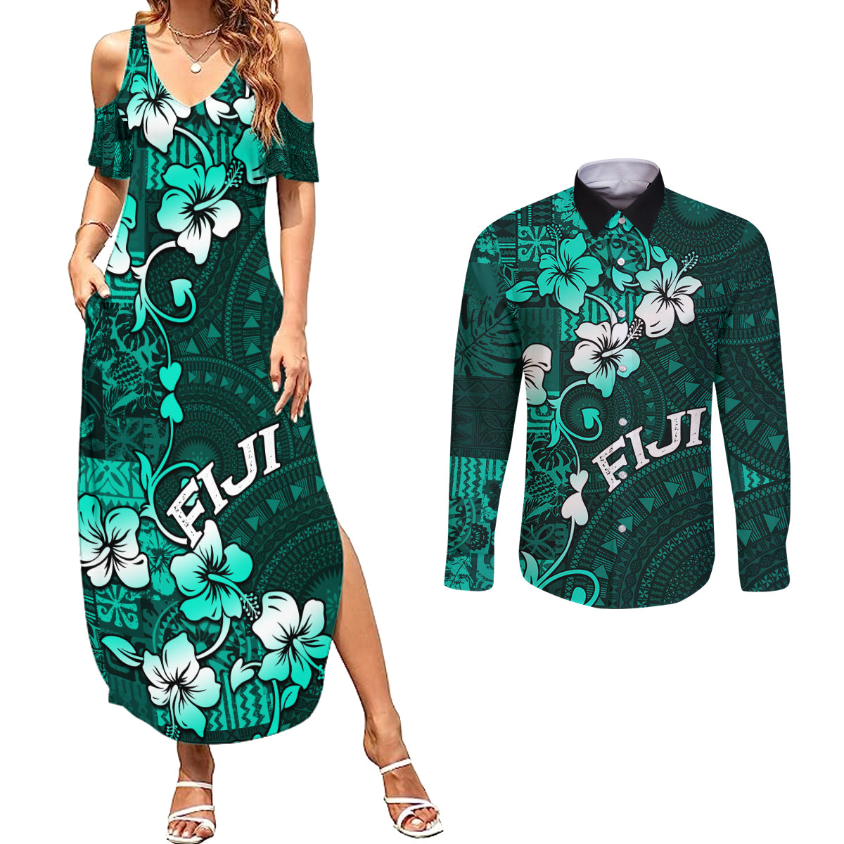 Fiji Masi Couples Matching Summer Maxi Dress and Long Sleeve Button Shirt Fijian Hibiscus Tapa Turquoise Version LT01 Turquoise - Polynesian Pride