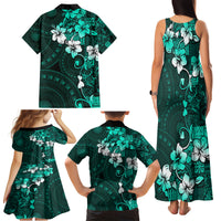 Fiji Masi Family Matching Tank Maxi Dress and Hawaiian Shirt Fijian Hibiscus Tapa Turquoise Version LT01 - Polynesian Pride