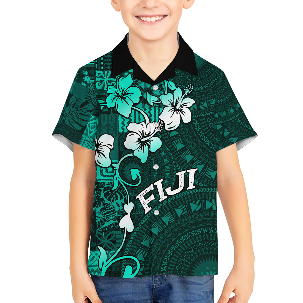 Fiji Masi Kid Hawaiian Shirt Fijian Hibiscus Tapa Turquoise Version LT01 Kid Turquoise - Polynesian Pride
