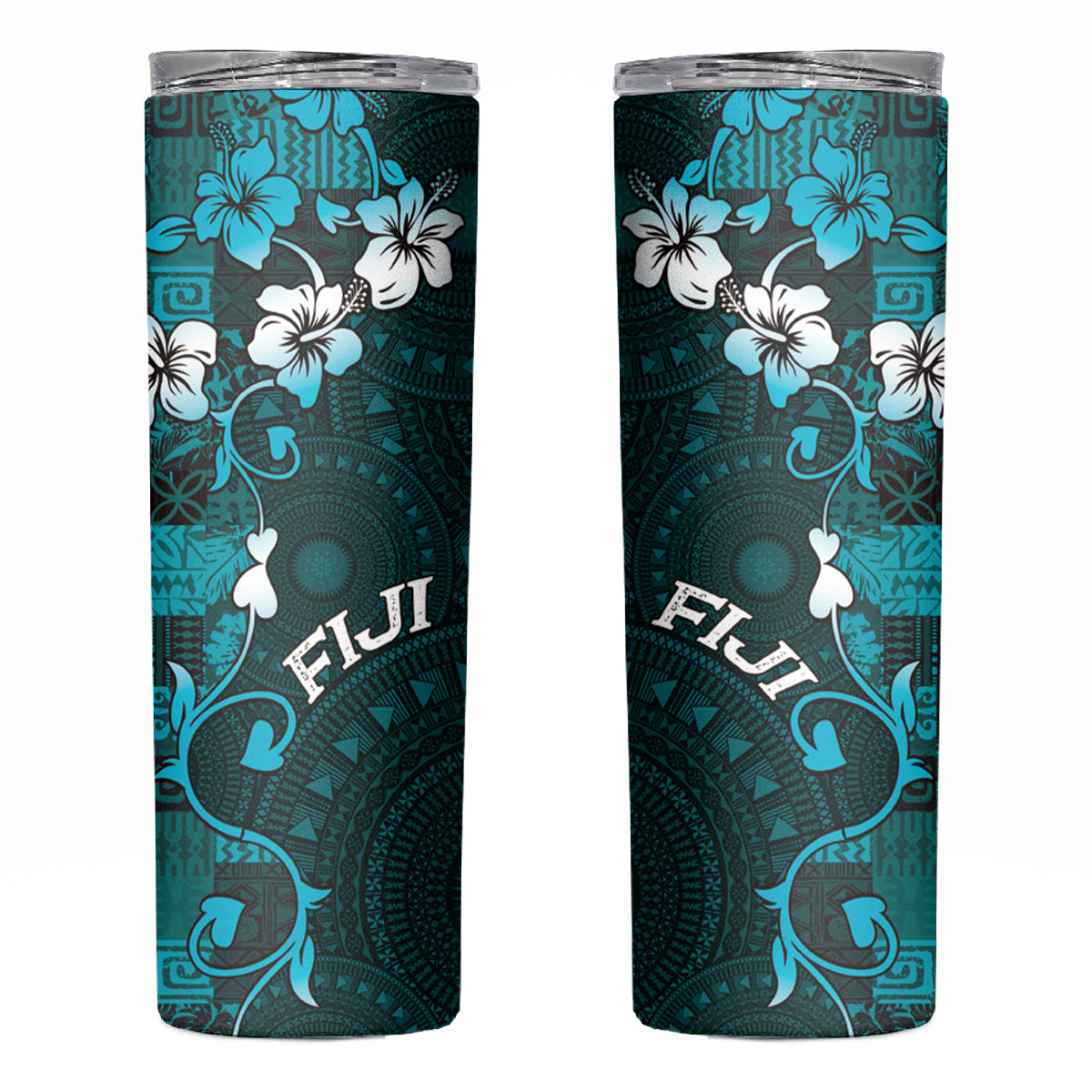 Fiji Masi Skinny Tumbler Fijian Hibiscus Tapa Turquoise Version