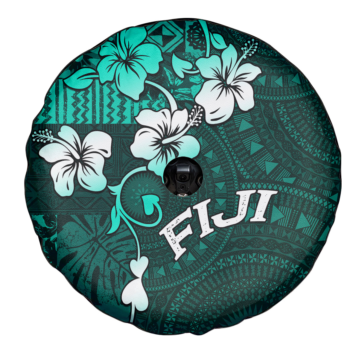 Fiji Masi Spare Tire Cover Fijian Hibiscus Tapa Turquoise Version LT01 - Polynesian Pride