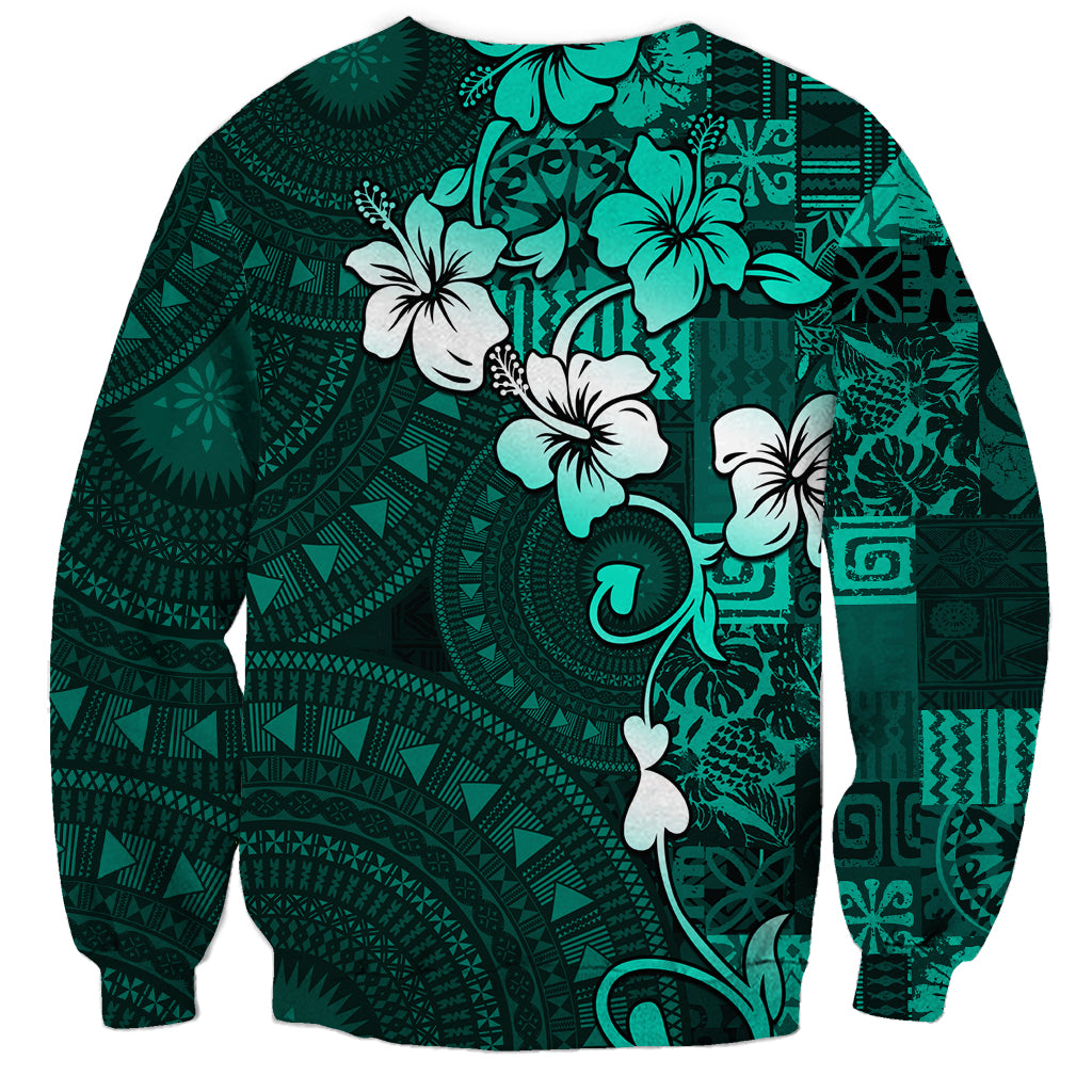 Fiji Masi Sweatshirt Fijian Hibiscus Tapa Turquoise Version LT01 - Polynesian Pride