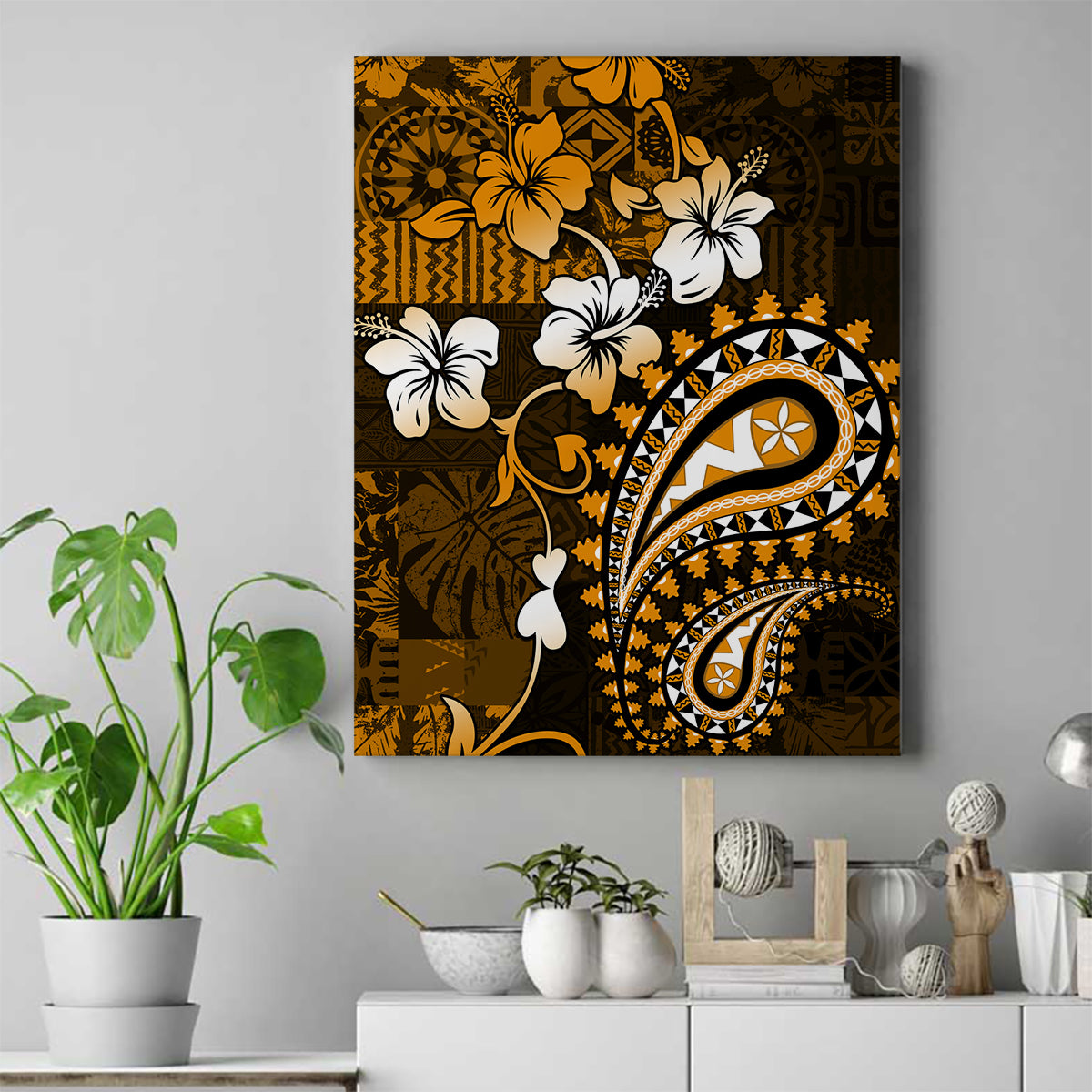 Fiji Masi Paisley With Hibiscus Tapa Canvas Wall Art Gold Version LT01 Gold - Polynesian Pride