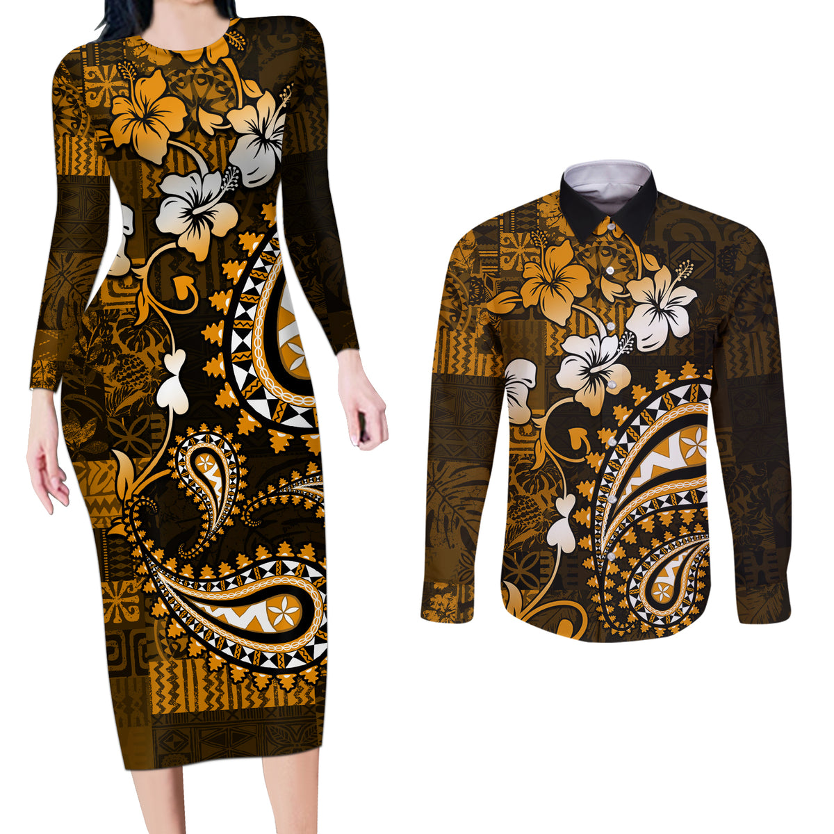 Fiji Masi Paisley With Hibiscus Tapa Couples Matching Long Sleeve Bodycon Dress and Long Sleeve Button Shirt Gold Version LT01 Gold - Polynesian Pride