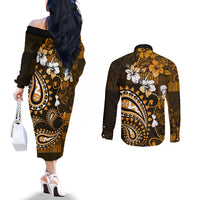Fiji Masi Paisley With Hibiscus Tapa Couples Matching Off The Shoulder Long Sleeve Dress and Long Sleeve Button Shirt Gold Version LT01 - Polynesian Pride
