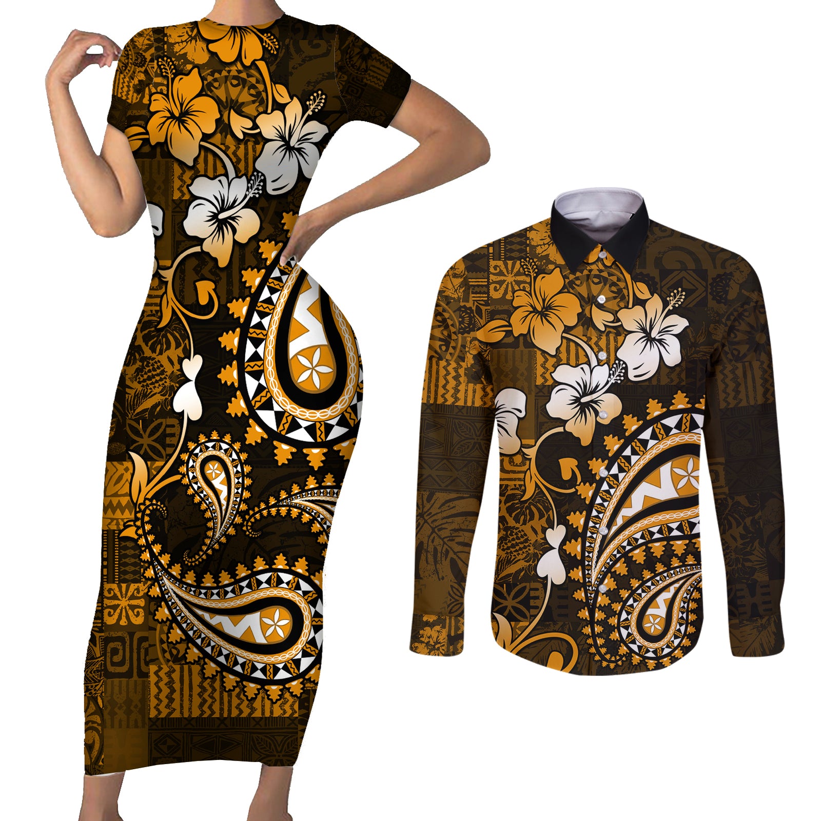 Fiji Masi Paisley With Hibiscus Tapa Couples Matching Short Sleeve Bodycon Dress and Long Sleeve Button Shirt Gold Version LT01 Gold - Polynesian Pride