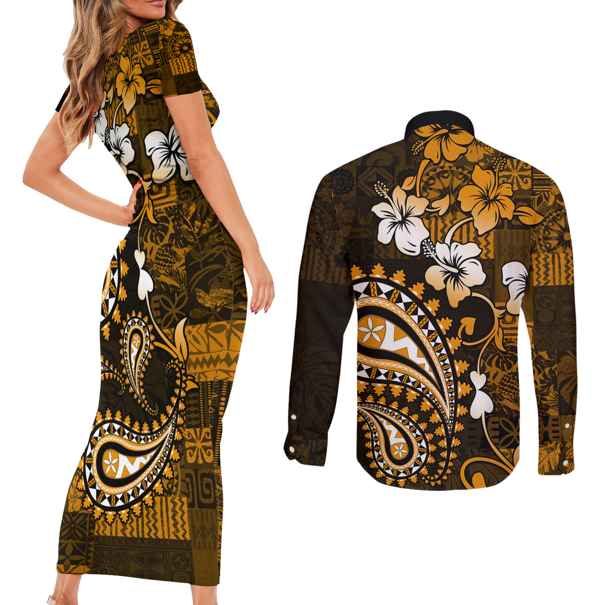 Fiji Masi Paisley With Hibiscus Tapa Couples Matching Short Sleeve Bodycon Dress and Long Sleeve Button Shirt Gold Version LT01 - Polynesian Pride