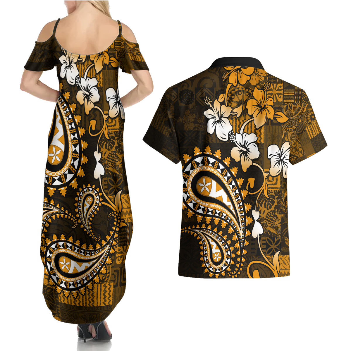 Fiji Masi Paisley With Hibiscus Tapa Couples Matching Summer Maxi Dress and Hawaiian Shirt Gold Version LT01 - Polynesian Pride