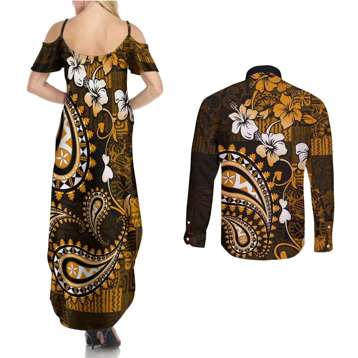 Fiji Masi Paisley With Hibiscus Tapa Couples Matching Summer Maxi Dress and Long Sleeve Button Shirt Gold Version LT01 - Polynesian Pride