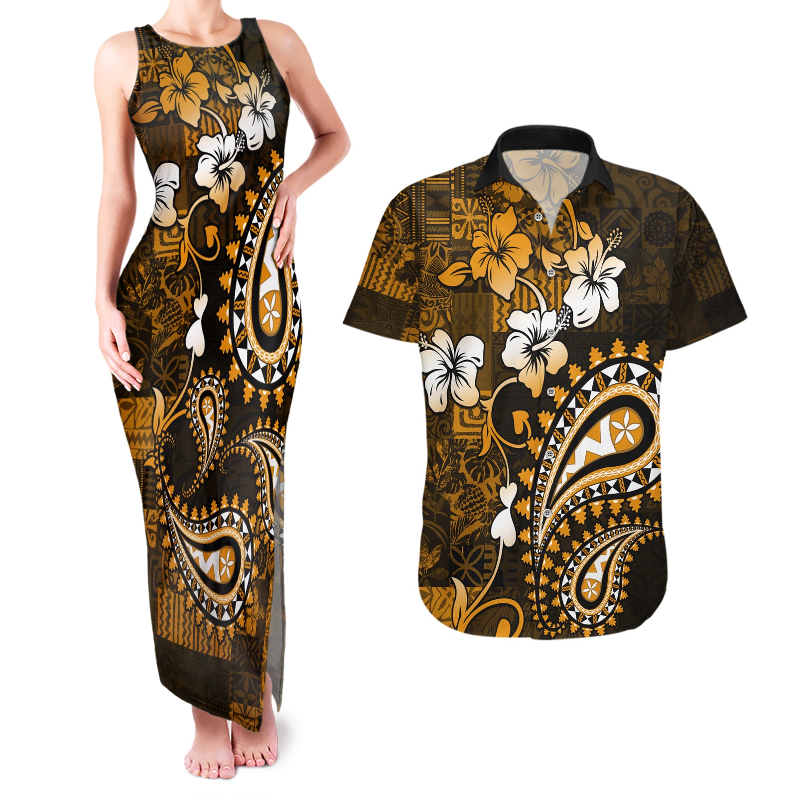 Fiji Masi Paisley With Hibiscus Tapa Couples Matching Tank Maxi Dress and Hawaiian Shirt Gold Version LT01 Gold - Polynesian Pride