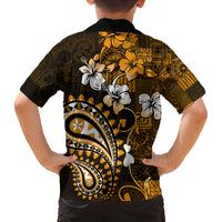 Fiji Masi Paisley With Hibiscus Tapa Family Matching Off Shoulder Short Dress and Hawaiian Shirt Gold Version LT01 - Polynesian Pride