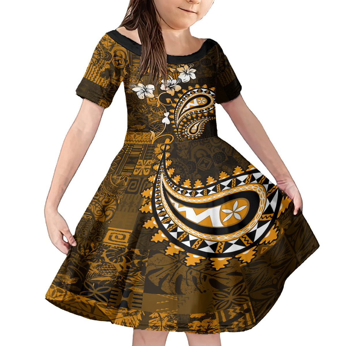 Fiji Masi Paisley With Hibiscus Tapa Family Matching Puletasi Dress and Hawaiian Shirt Gold Version LT01 Daughter's Dress Gold - Polynesian Pride