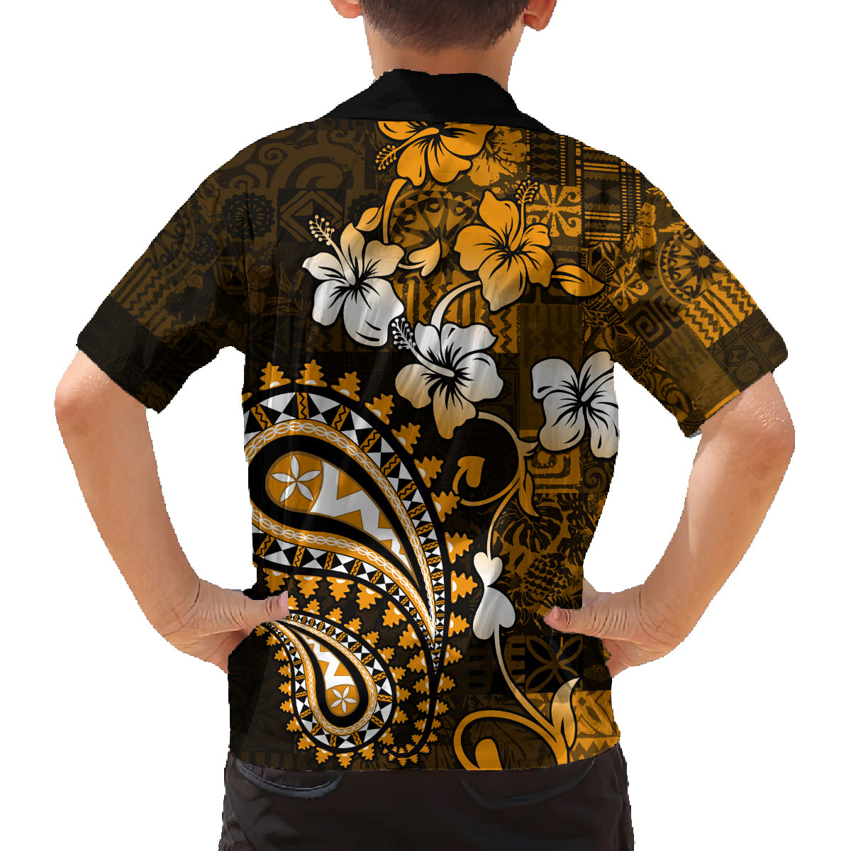 Fiji Masi Paisley With Hibiscus Tapa Family Matching Summer Maxi Dress and Hawaiian Shirt Gold Version LT01 - Polynesian Pride