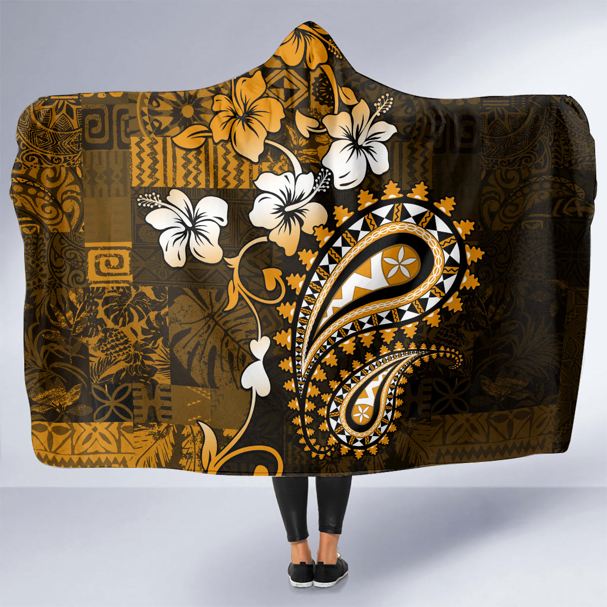 Fiji Masi Paisley With Hibiscus Tapa Hooded Blanket Gold Version LT01 - Polynesian Pride