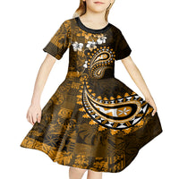 Fiji Masi Paisley With Hibiscus Tapa Kid Short Sleeve Dress Gold Version LT01 - Polynesian Pride