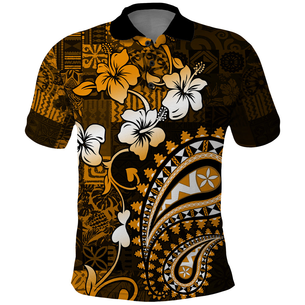 Fiji Masi Paisley With Hibiscus Tapa Polo Shirt Gold Version LT01 Gold - Polynesian Pride