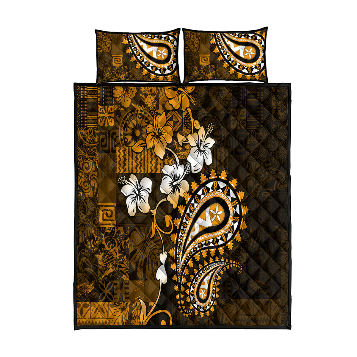 Fiji Masi Paisley With Hibiscus Tapa Quilt Bed Set Gold Version LT01 Gold - Polynesian Pride
