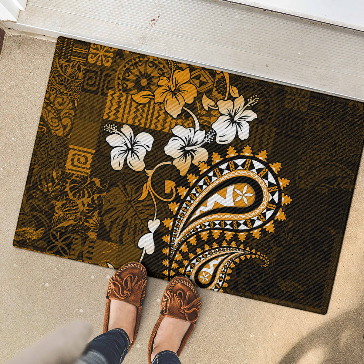 Fiji Masi Paisley With Hibiscus Tapa Rubber Doormat Gold Version LT01 - Polynesian Pride