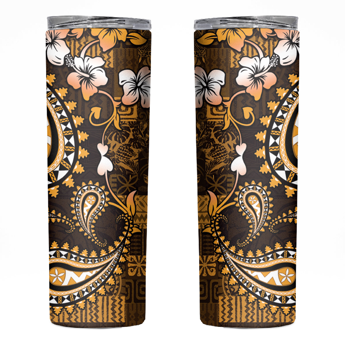 Fiji Masi Paisley With Hibiscus Tapa Skinny Tumbler Gold Version