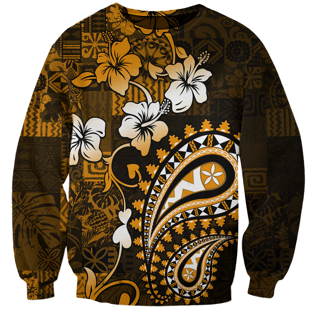 Fiji Masi Paisley With Hibiscus Tapa Sweatshirt Gold Version LT01 Unisex Gold - Polynesian Pride