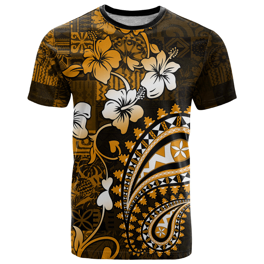 Fiji Masi Paisley With Hibiscus Tapa T Shirt Gold Version LT01 Gold - Polynesian Pride