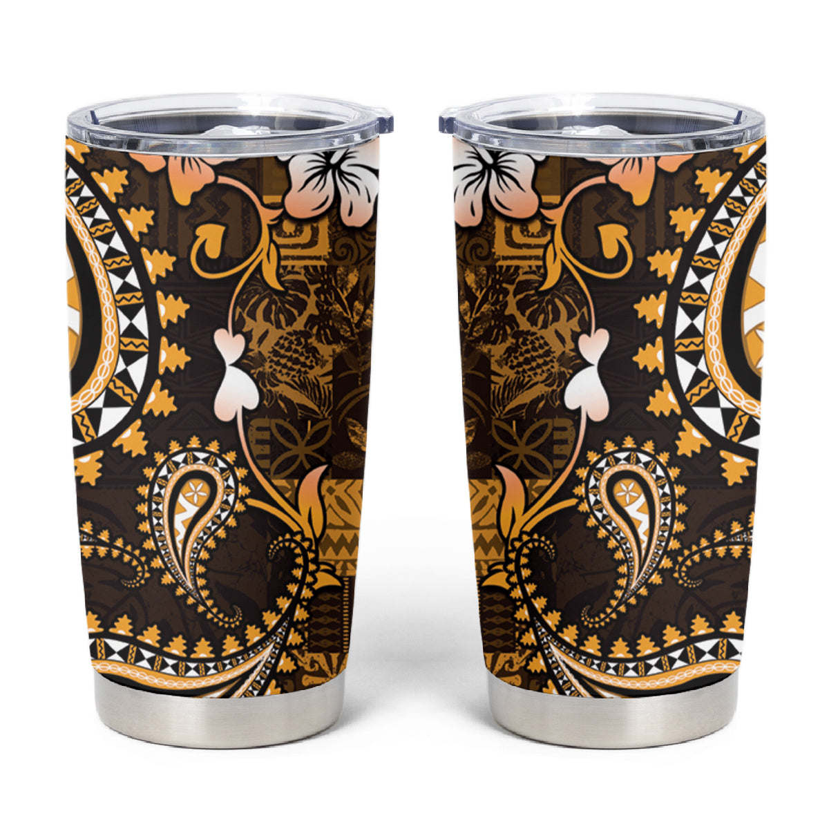 Fiji Masi Paisley With Hibiscus Tapa Tumbler Cup Gold Version