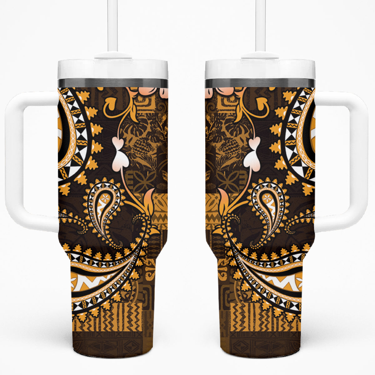 Fiji Masi Paisley With Hibiscus Tapa Tumbler With Handle Gold Version