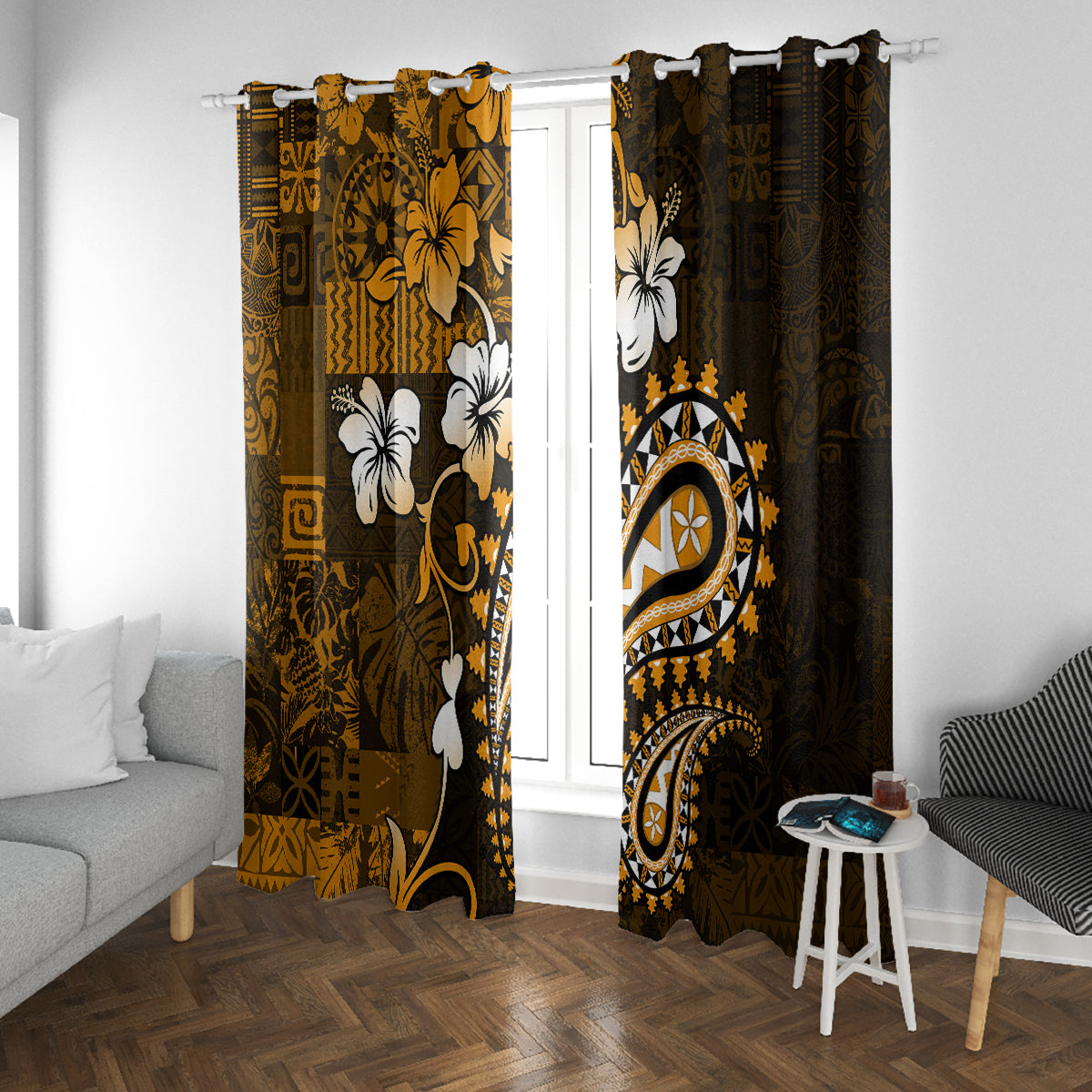 Fiji Masi Paisley With Hibiscus Tapa Window Curtain Gold Version LT01 With Grommets Gold - Polynesian Pride