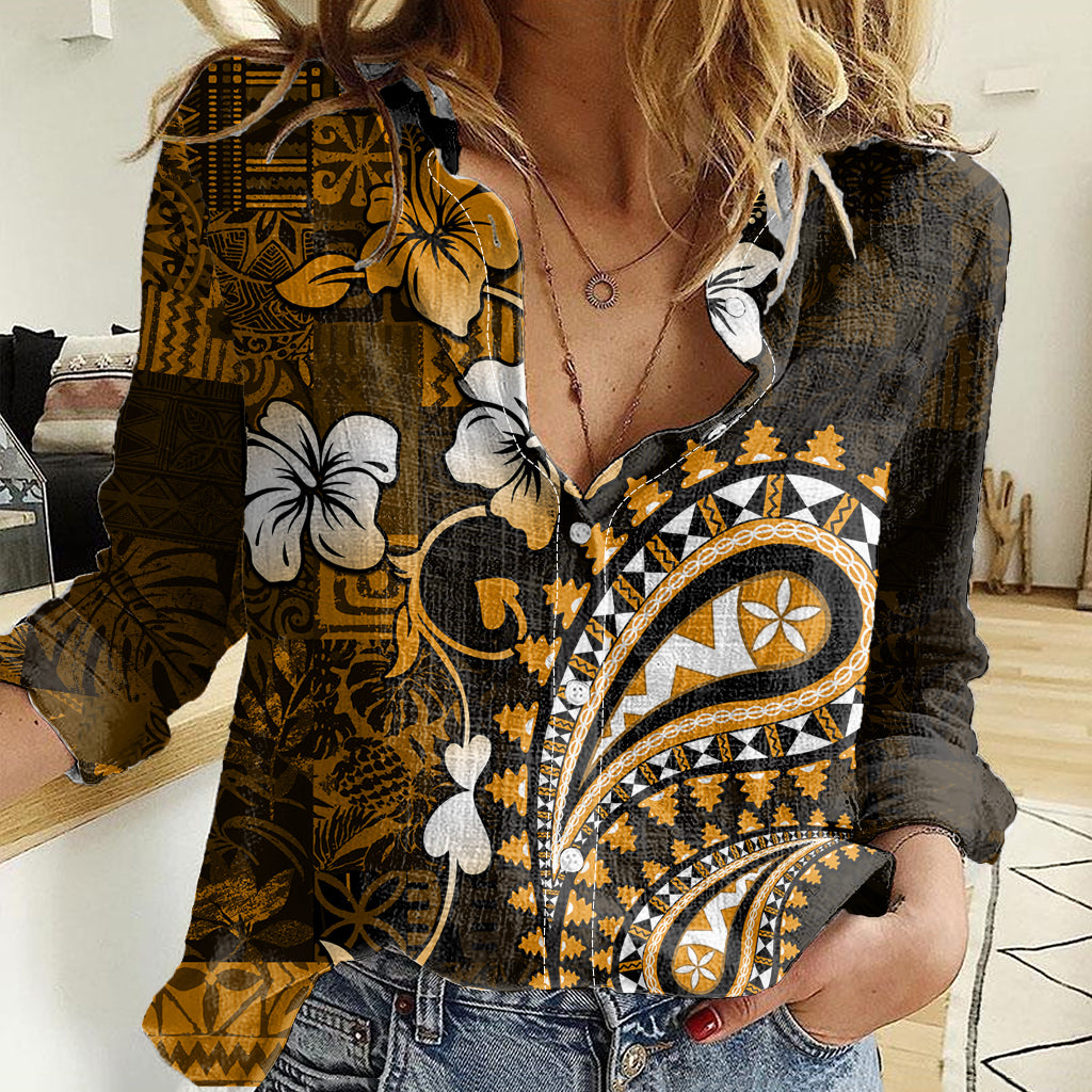 Fiji Masi Paisley With Hibiscus Tapa Women Casual Shirt Gold Version LT01 Female Gold - Polynesian Pride