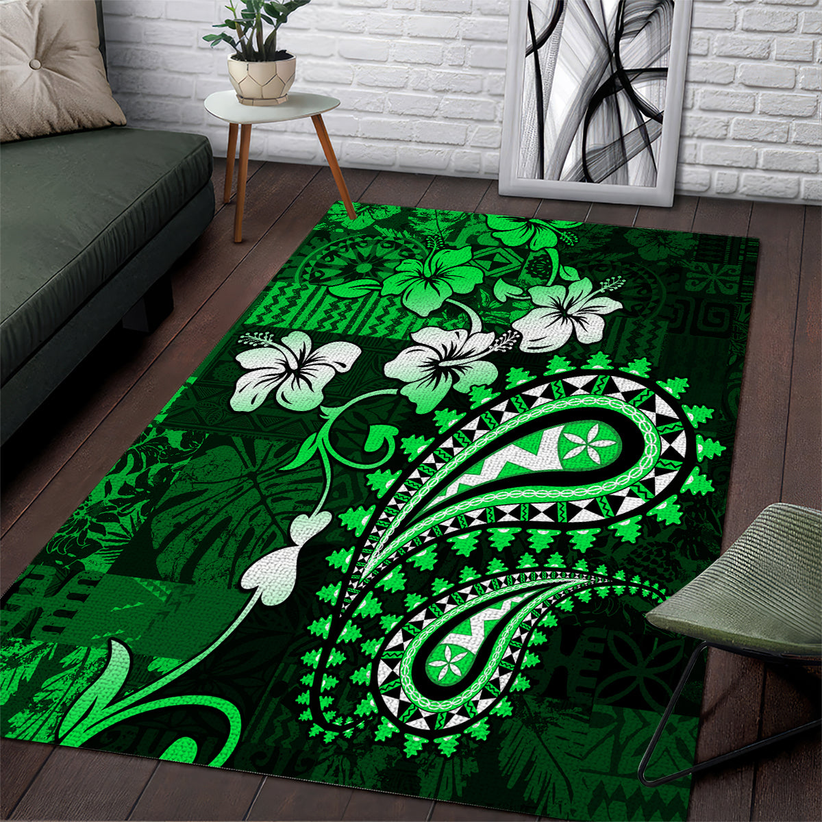 Fiji Masi Paisley With Hibiscus Tapa Area Rug Green Version LT01 Green - Polynesian Pride