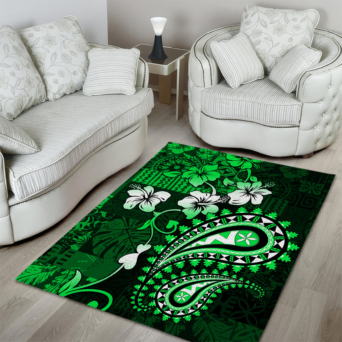 Fiji Masi Paisley With Hibiscus Tapa Area Rug Green Version LT01 - Polynesian Pride