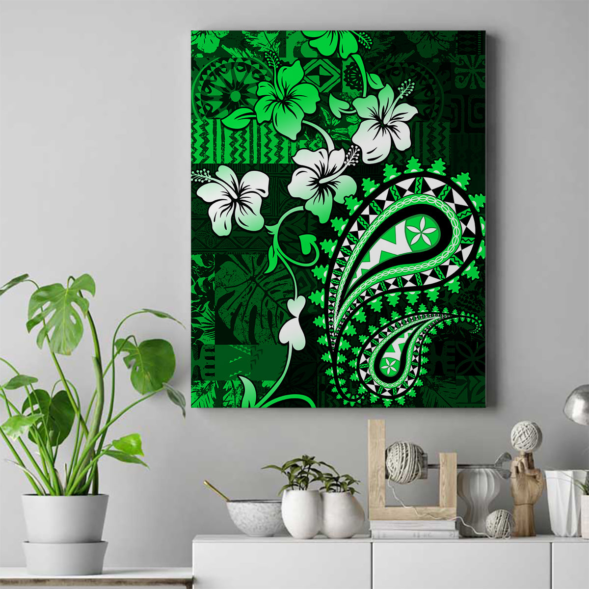 Fiji Masi Paisley With Hibiscus Tapa Canvas Wall Art Green Version LT01 Green - Polynesian Pride