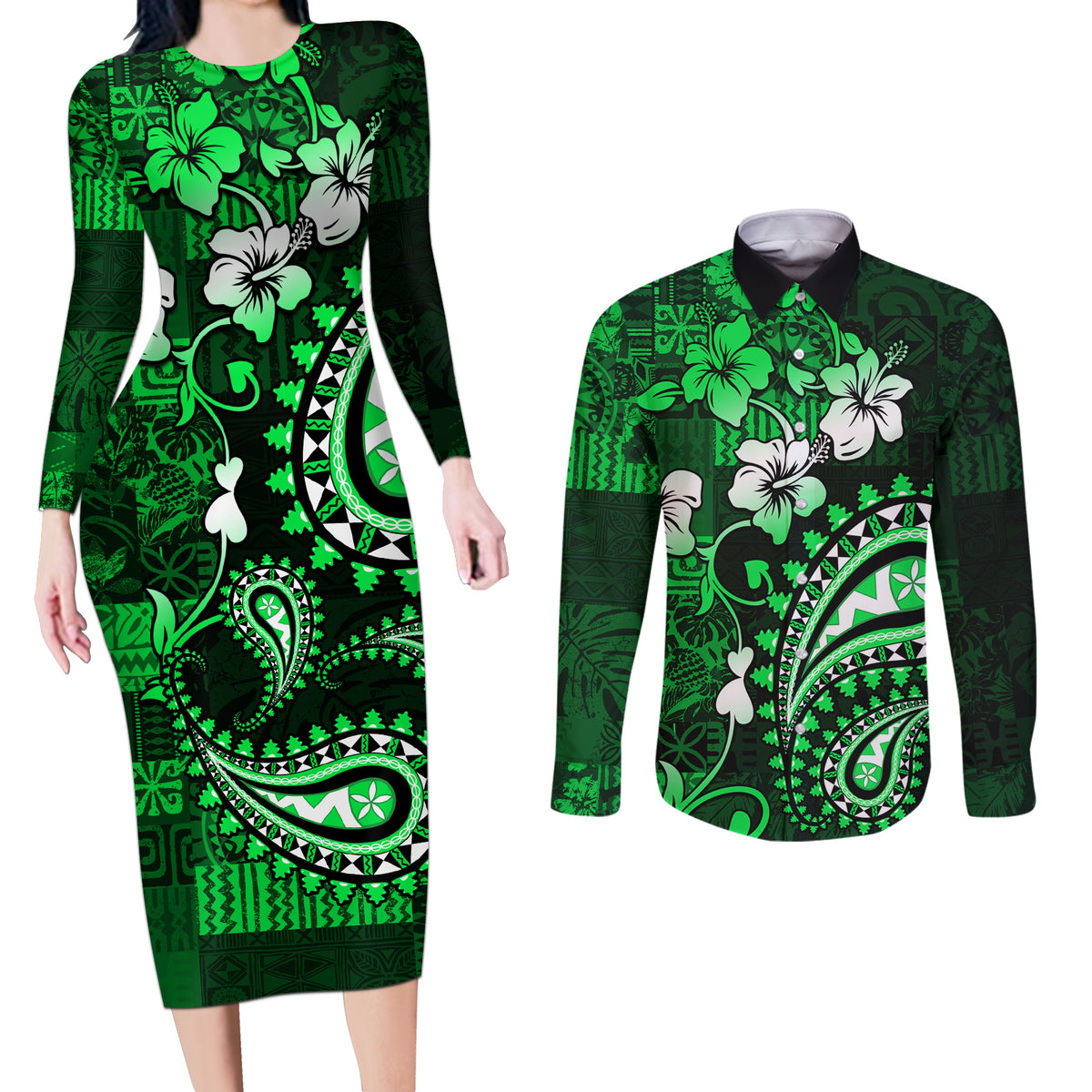 Fiji Masi Paisley With Hibiscus Tapa Couples Matching Long Sleeve Bodycon Dress and Long Sleeve Button Shirt Green Version LT01 Green - Polynesian Pride