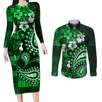 Fiji Masi Paisley With Hibiscus Tapa Couples Matching Long Sleeve Bodycon Dress and Long Sleeve Button Shirt Green Version LT01 Green - Polynesian Pride