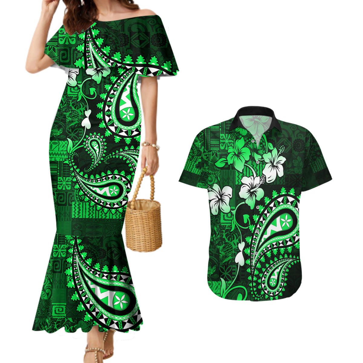Fiji Masi Paisley With Hibiscus Tapa Couples Matching Mermaid Dress and Hawaiian Shirt Green Version LT01 Green - Polynesian Pride
