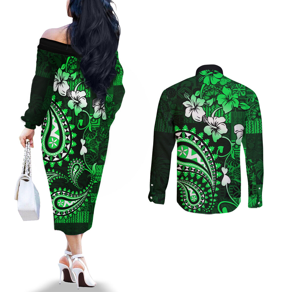 Fiji Masi Paisley With Hibiscus Tapa Couples Matching Off The Shoulder Long Sleeve Dress and Long Sleeve Button Shirt Green Version LT01 - Polynesian Pride