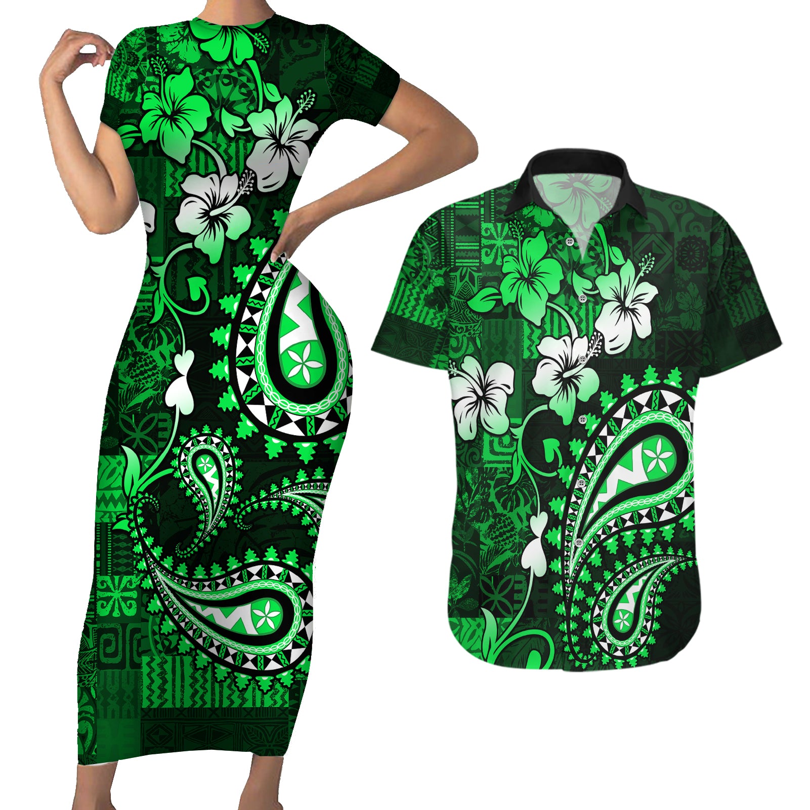 Fiji Masi Paisley With Hibiscus Tapa Couples Matching Short Sleeve Bodycon Dress and Hawaiian Shirt Green Version LT01 Green - Polynesian Pride