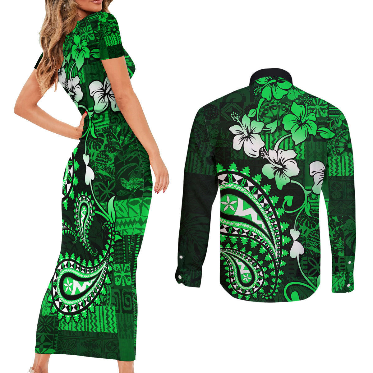 Fiji Masi Paisley With Hibiscus Tapa Couples Matching Short Sleeve Bodycon Dress and Long Sleeve Button Shirt Green Version LT01 - Polynesian Pride